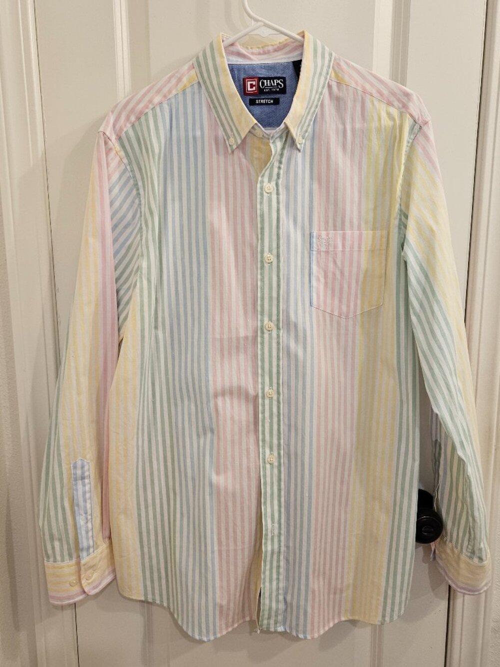 Chaps Preppy Stretch Oxford Button Down Pastel Rainbow Stripe Fun Shirt L